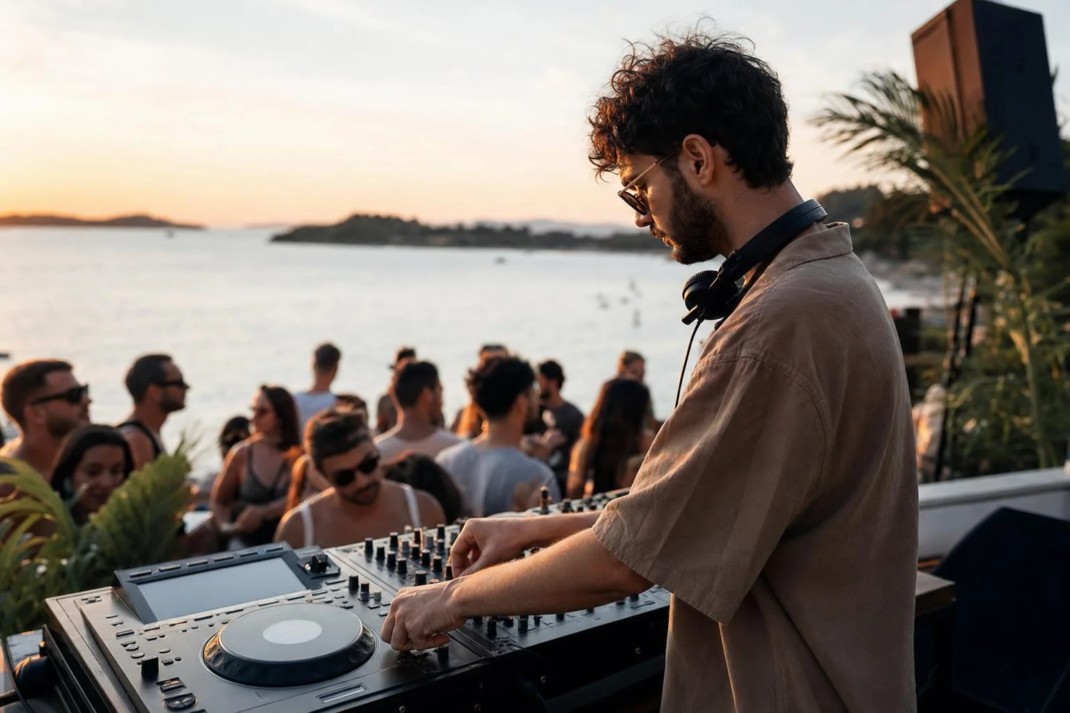 DJ pult postavljen na terasi uz more tijekom ljetne večernje zabave