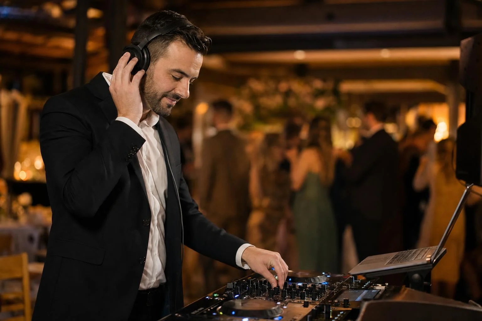 DJ za pultom razgovara s gostom koji traži pjesmu dok svjetla obasjavaju plesni podij