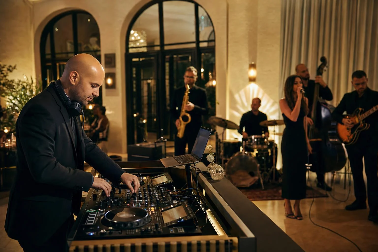 DJ pult s profesionalnom rasvjetom i zvučnicima na eventu u dvorani
