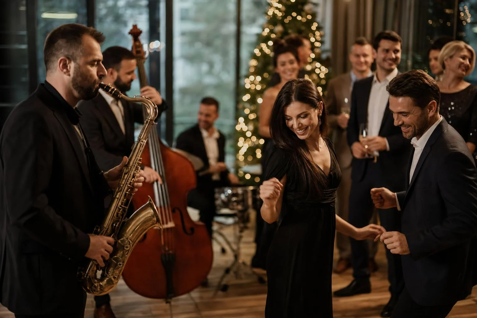 DJ pult s prazničnim rasvjetnim efektima pripremljen za korporativnu božićnu zabavu u dvorani